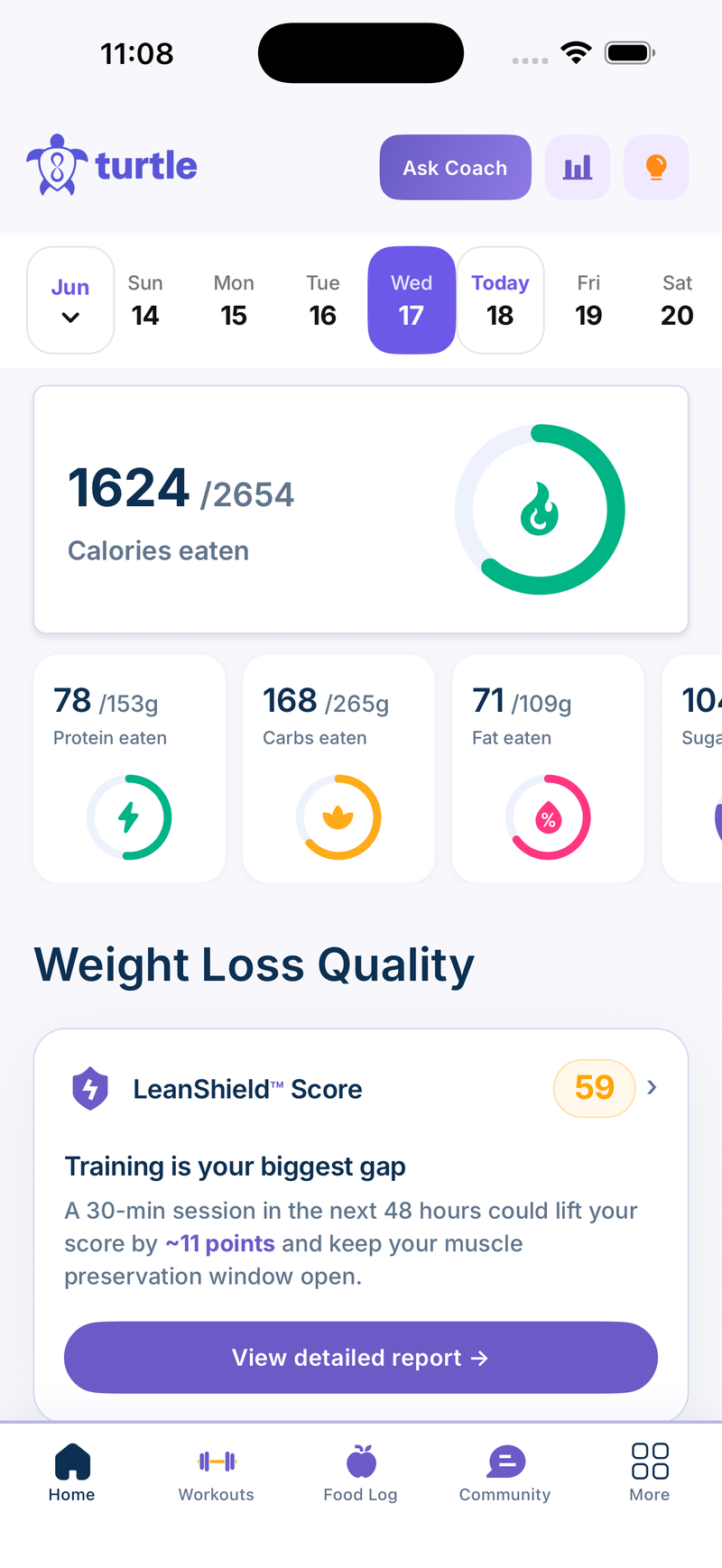 The Turtle Method app — calories, macros and the LeanShield muscle-protection score